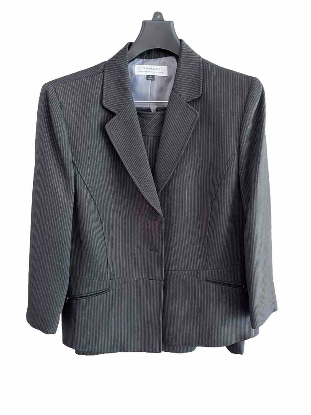Tahari Pinstripe Woman 2 Piece Suit Charcoal Grey, Sz 16